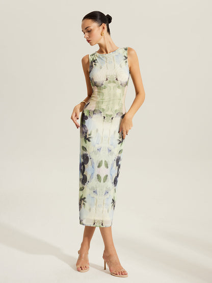 Çiçek Desenli Kolsuz Tül Elbise