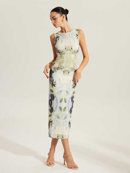 Çiçek Desenli Kolsuz Tül Elbise