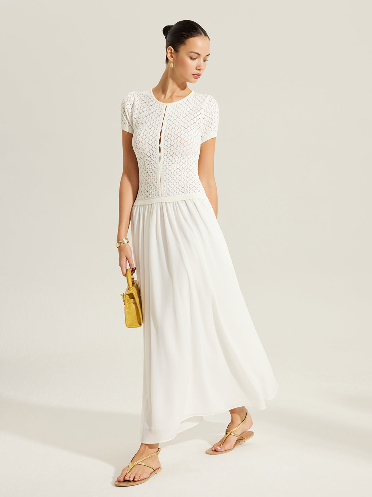 Şeffaf Panelli Düğmeli Triko Elbise