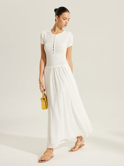 Şeffaf Panelli Düğmeli Triko Elbise