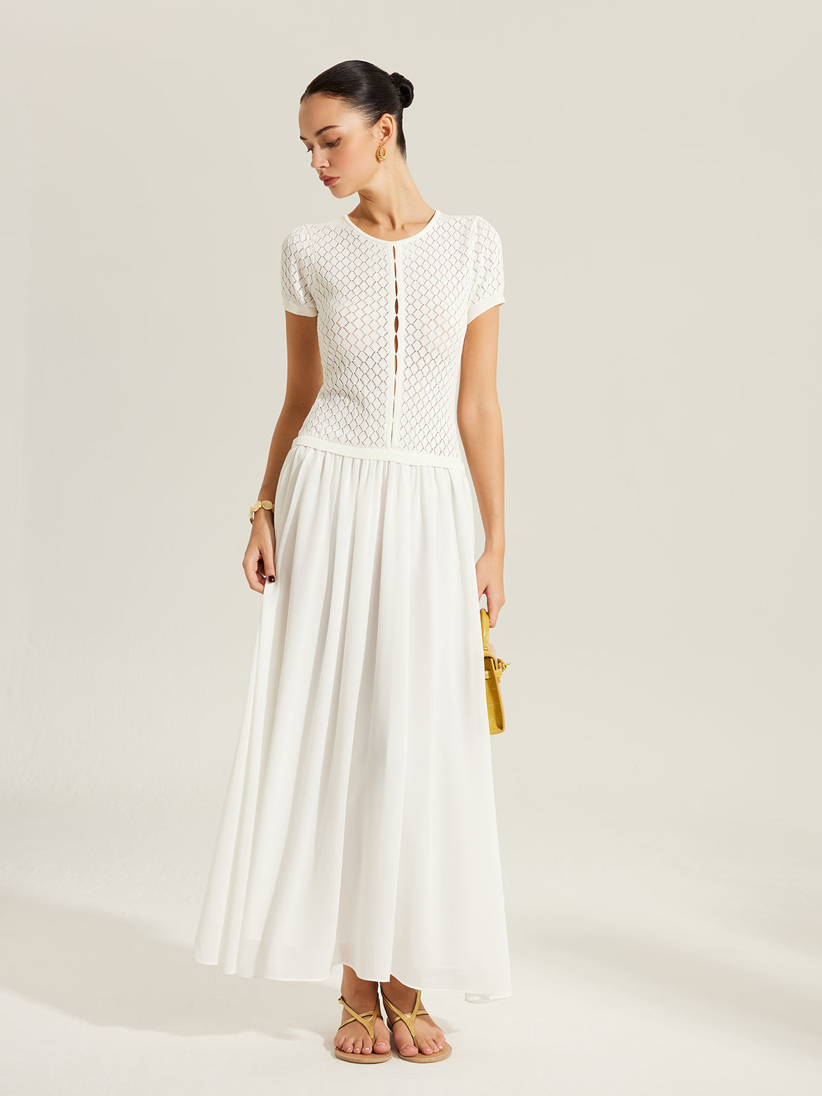 Şeffaf Panelli Düğmeli Triko Elbise