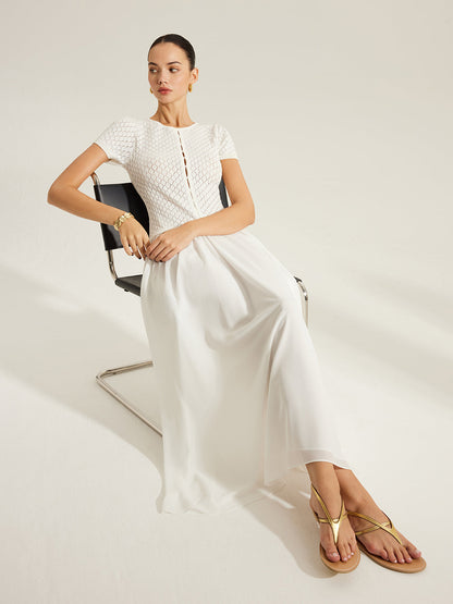 Şeffaf Panelli Düğmeli Triko Elbise