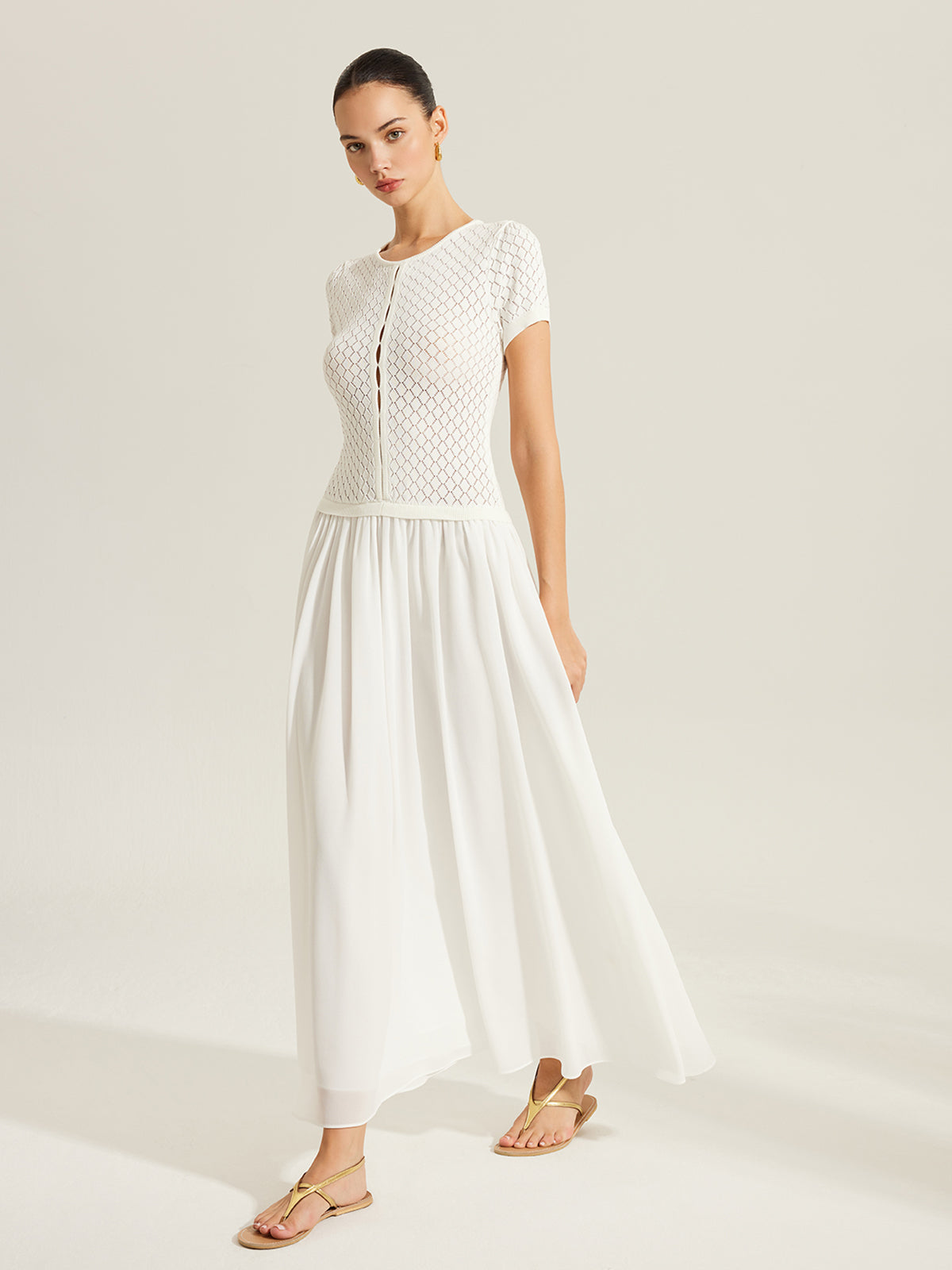 Şeffaf Panelli Düğmeli Triko Elbise