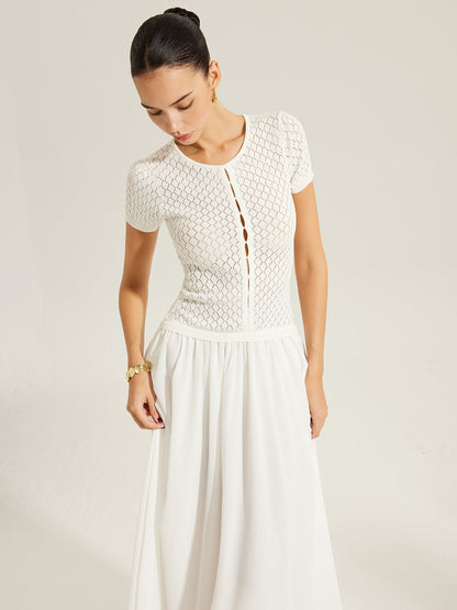 Şeffaf Panelli Düğmeli Triko Elbise