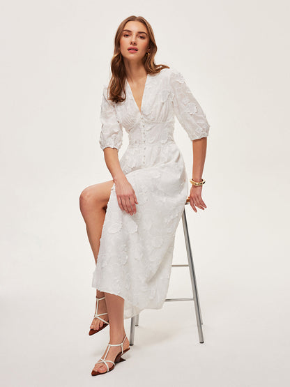 Pamuk Nakışlı Düğmeli Elbise