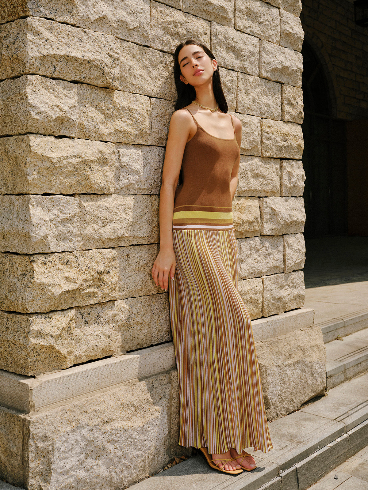 Çizgili Triko Askılı Elbise