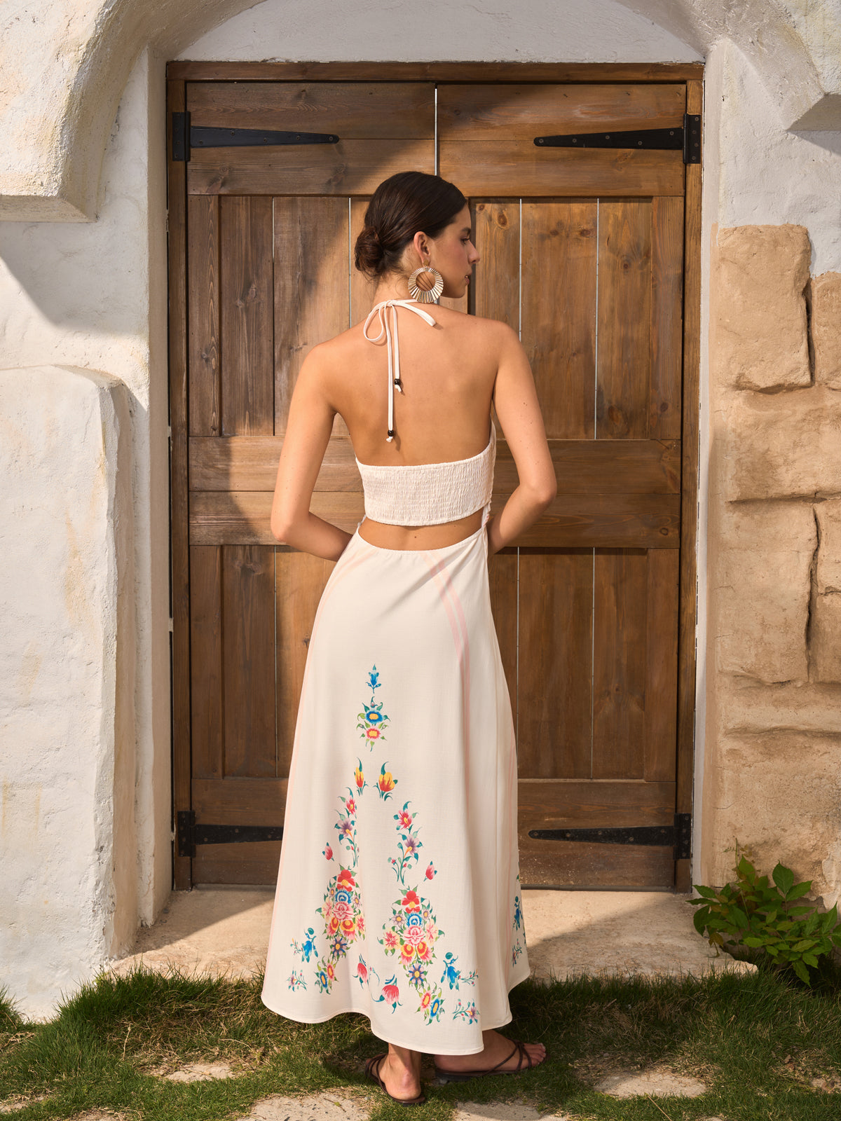 Çiçek Desenli Sırt Dekolteli Halter Elbise