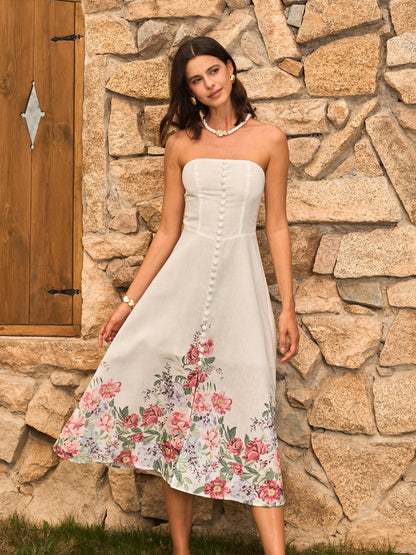 Straplez Çiçek Desenli Dekoratif Düğmeli Elbise