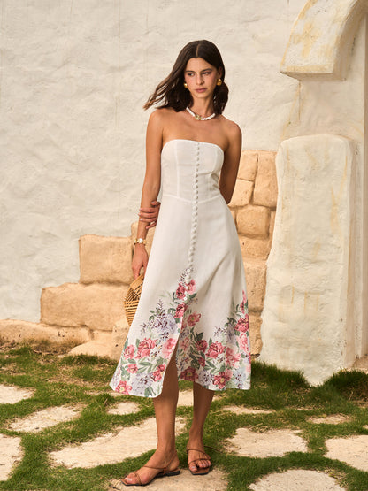 Straplez Çiçek Desenli Dekoratif Düğmeli Elbise