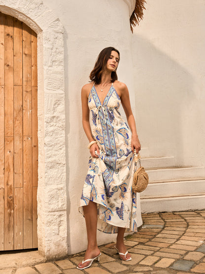 Sırt Dekolteli Halter Yaka Çiçek Desenli Elbise