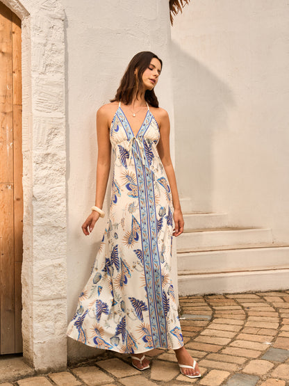 Sırt Dekolteli Halter Yaka Çiçek Desenli Elbise