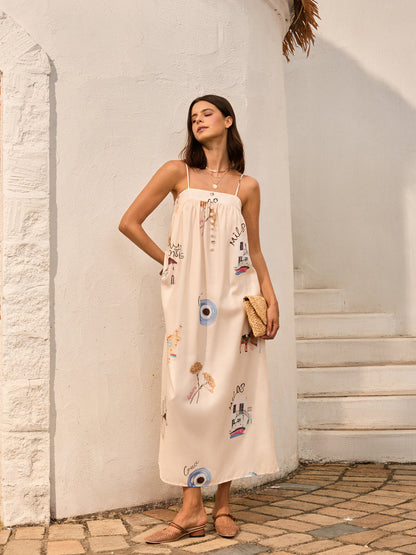 Grafik Baskılı Bağcıklı Askılı Elbise