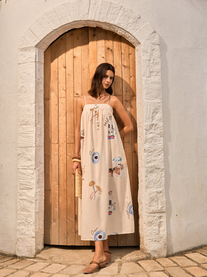 Grafik Baskılı Bağcıklı Askılı Elbise