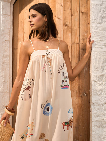 Grafik Baskılı Bağcıklı Askılı Elbise