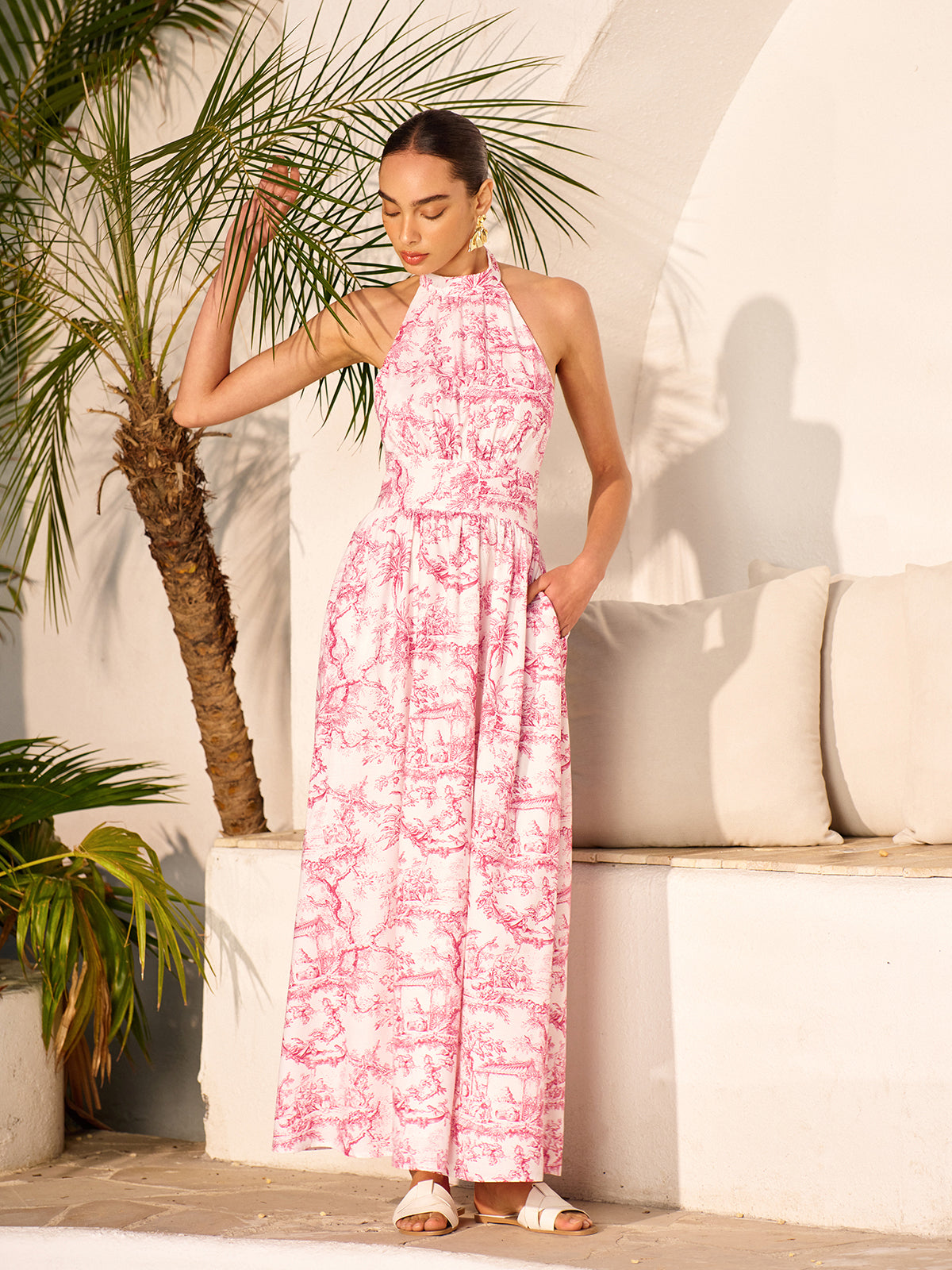 Cepli, Halter Yaka Desenli Sırtı Açık Elbise