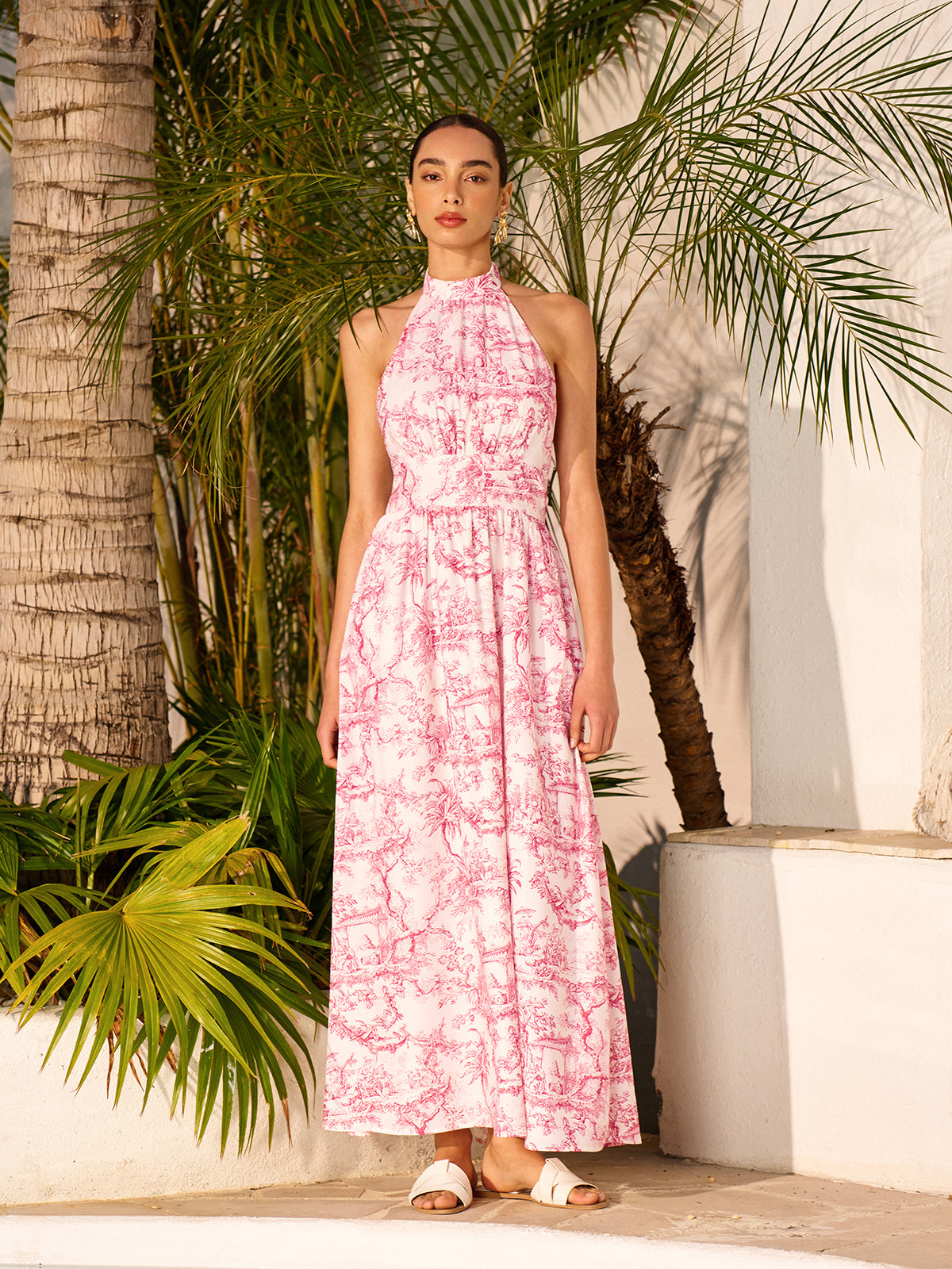 Cepli, Halter Yaka Desenli Sırtı Açık Elbise