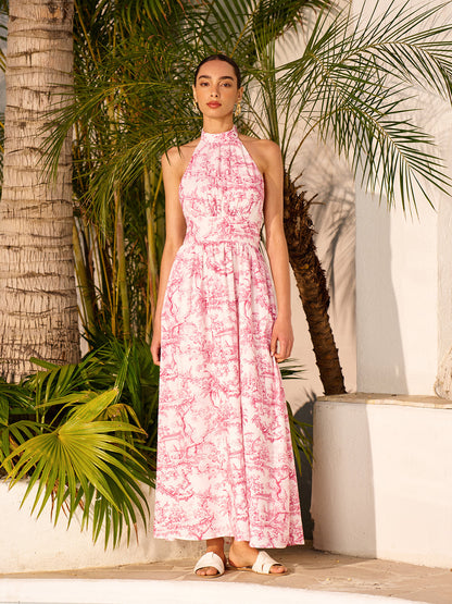 Cepli, Halter Yaka Desenli Sırtı Açık Elbise