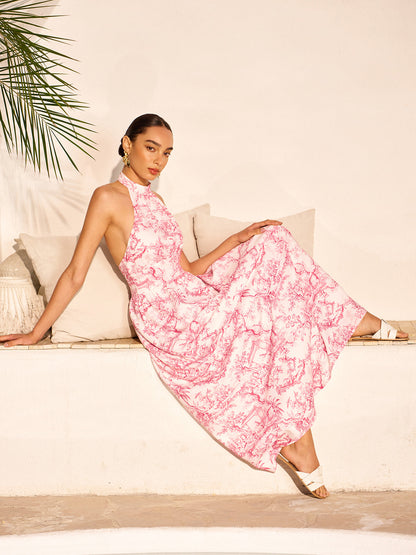 Cepli, Halter Yaka Desenli Sırtı Açık Elbise