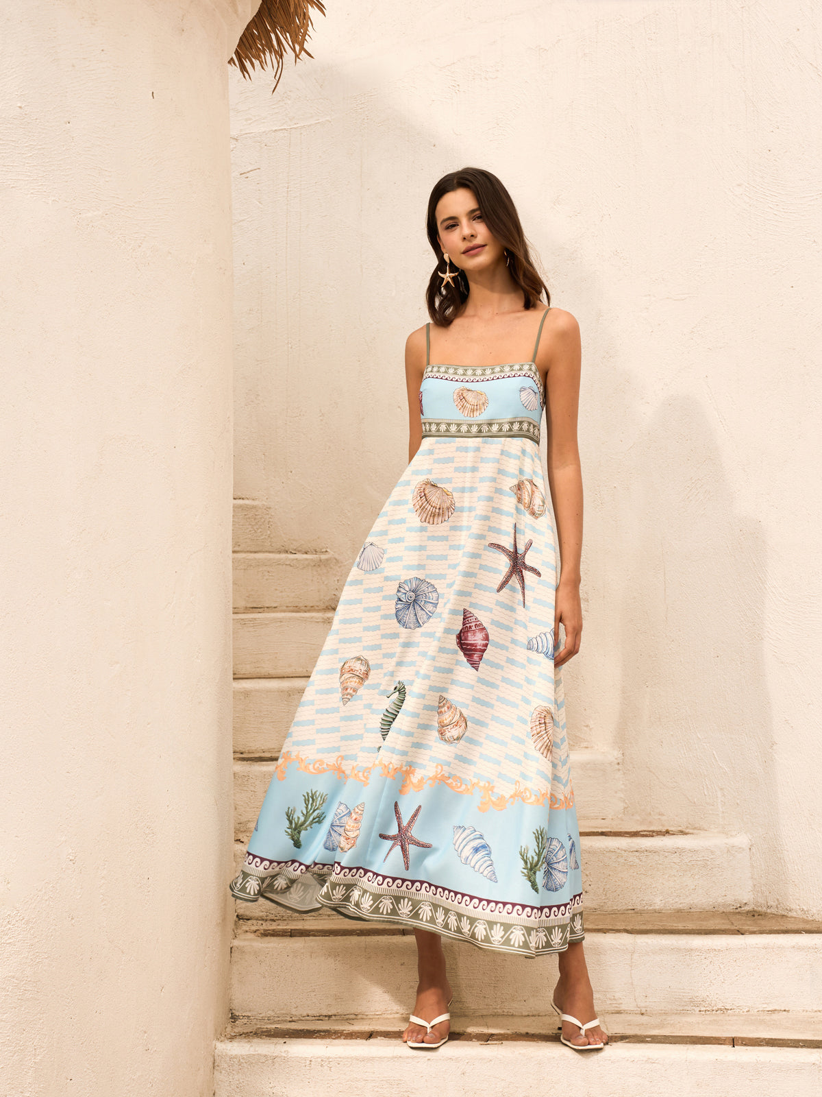 Deniz Kabuğu Desenli Cepli Askılı Elbise