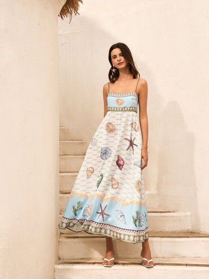 Deniz Kabuğu Desenli Cepli Askılı Elbise