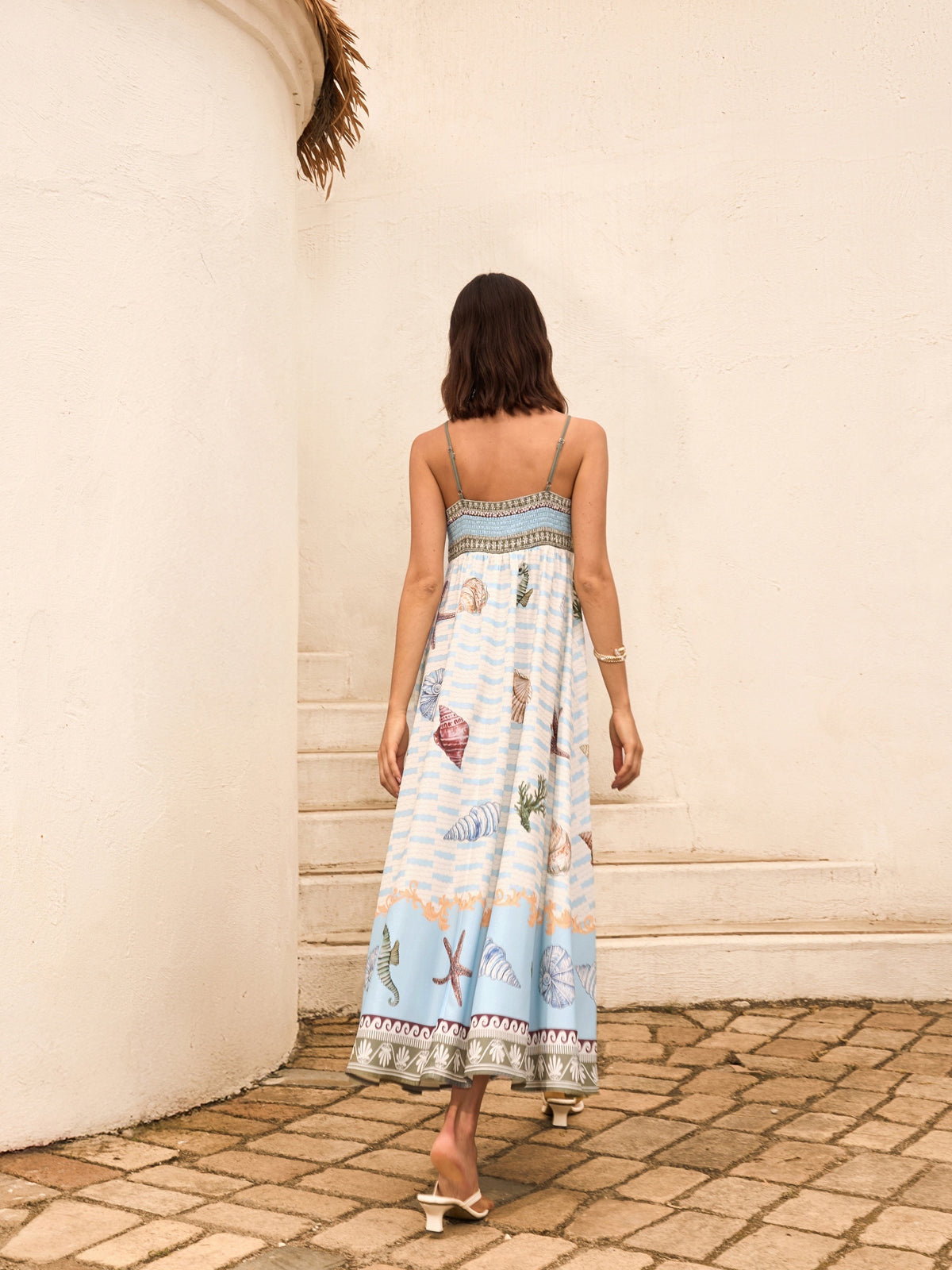 Deniz Kabuğu Desenli Cepli Askılı Elbise