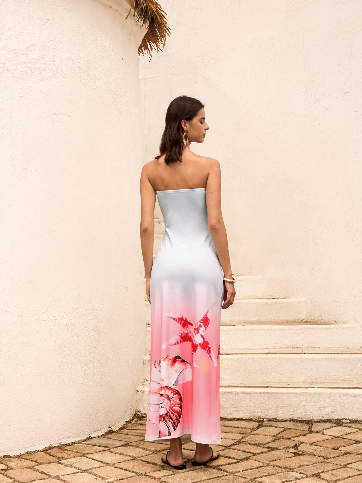 Deniz Kabuğu Desenli Straplez Degrade Elbise