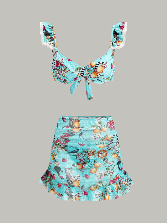 Çarpıcı Çiçek Desenli Bikini Takımı ve Şık Kapama Etek