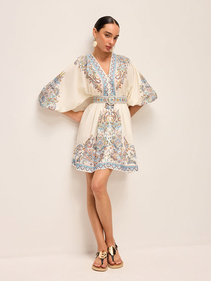 Bohem Kuşaklı Balon Kollu V Yaka Elbise