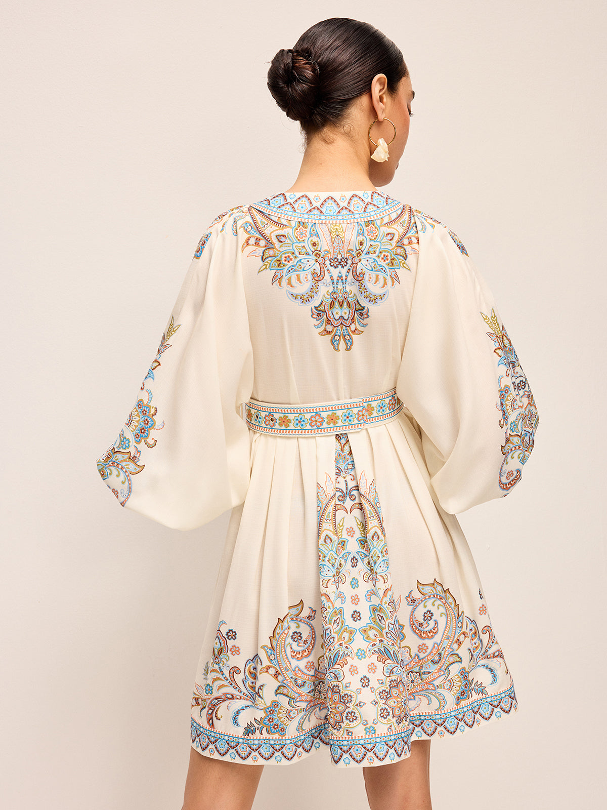 Bohem Kuşaklı Balon Kollu V Yaka Elbise