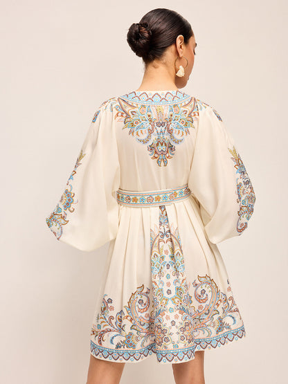 Bohem Kuşaklı Balon Kollu V Yaka Elbise