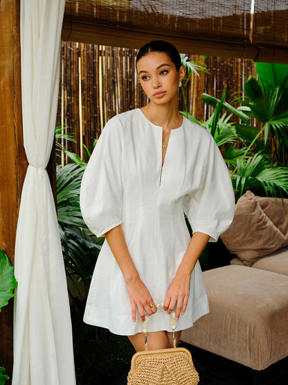 Pamuk-Keten Karışımlı V Yaka Kabartmalı Kol Elbise