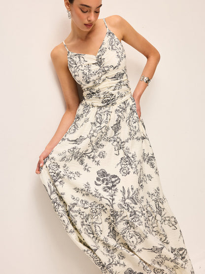 Çiçek Desenli Büzgülü Askılı Elbise