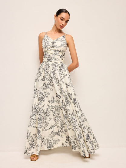 Çiçek Desenli Büzgülü Askılı Elbise