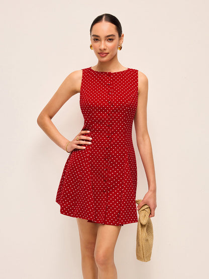 Puantiye Desenli Kolsuz Sırt Bağlamalı Elbise