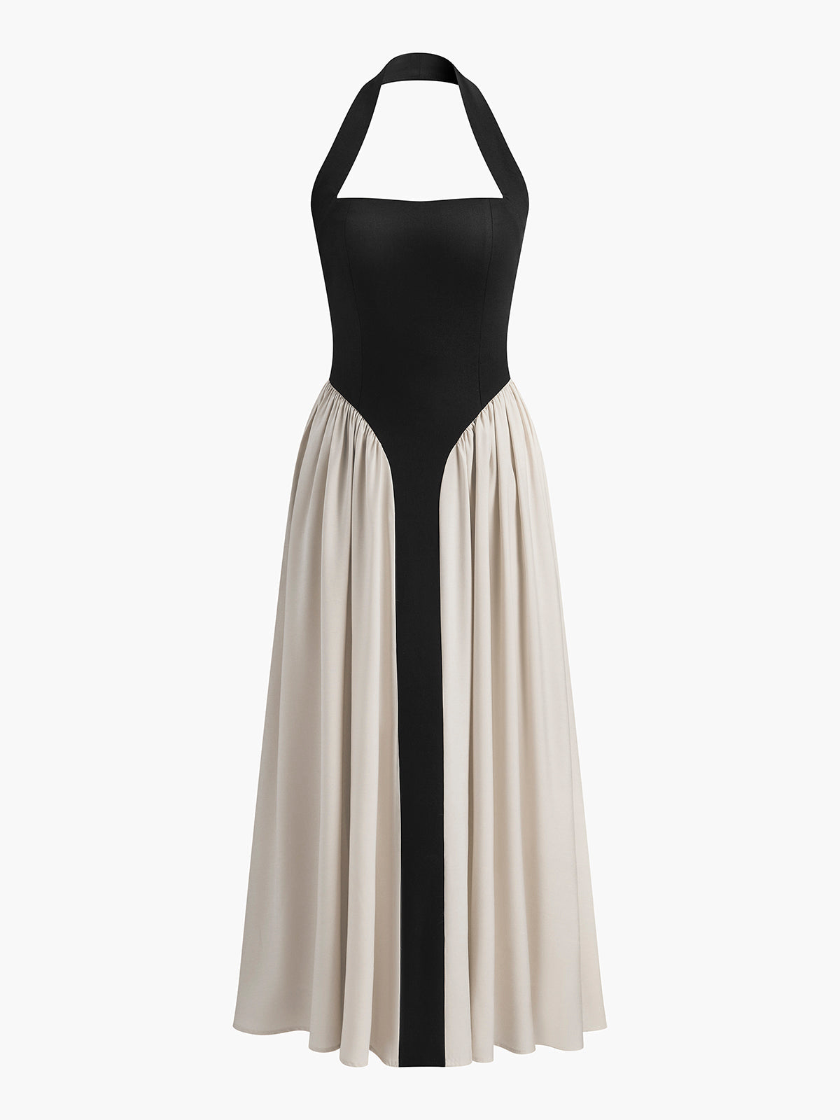 Renk Bloklu Halter Yaka Keten Karışımlı Elbise