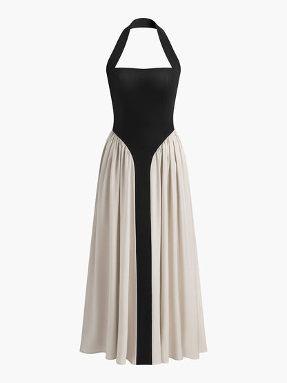 Renk Bloklu Halter Yaka Keten Karışımlı Elbise