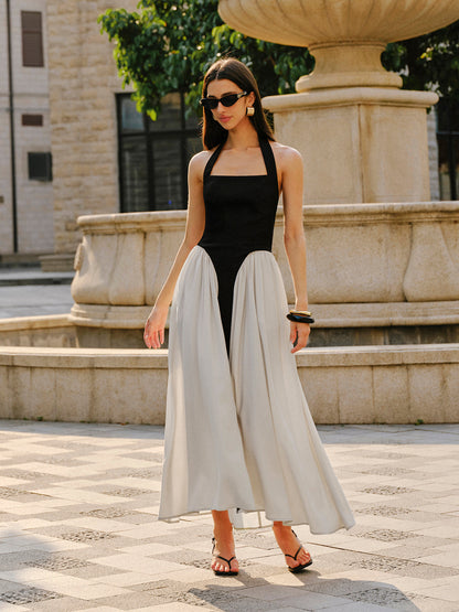 Renk Bloklu Halter Yaka Keten Karışımlı Elbise