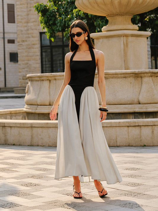 Renk Bloklu Halter Yaka Keten Karışımlı Elbise