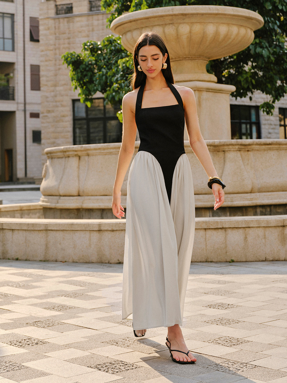 Renk Bloklu Halter Yaka Keten Karışımlı Elbise