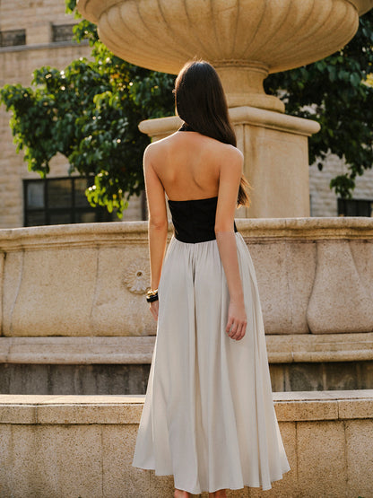 Renk Bloklu Halter Yaka Keten Karışımlı Elbise