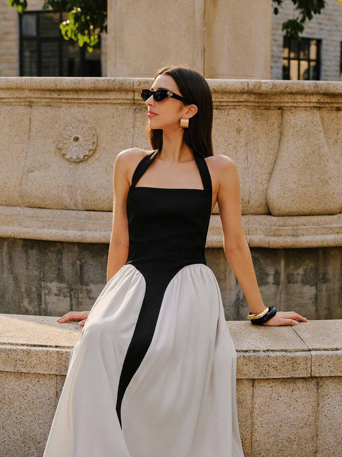 Renk Bloklu Halter Yaka Keten Karışımlı Elbise