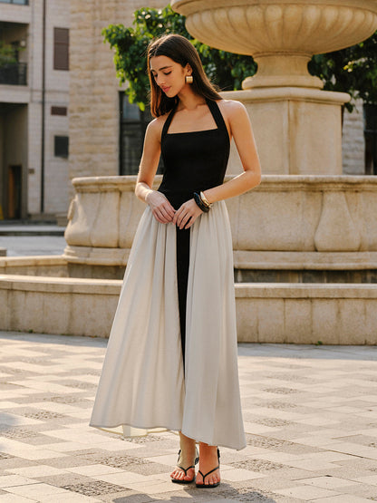 Renk Bloklu Halter Yaka Keten Karışımlı Elbise