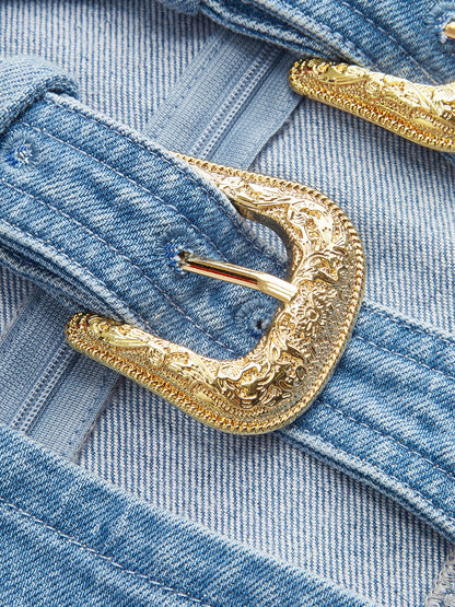 Halter Yaka Tokalı Detaylı Kot Elbise