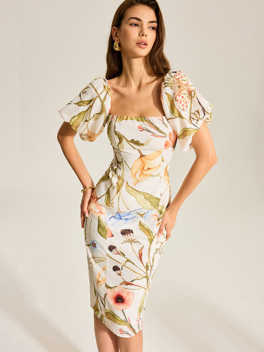 Çiçek Desenli Kabartmalı Kol Sırt Dekolteli Elbise