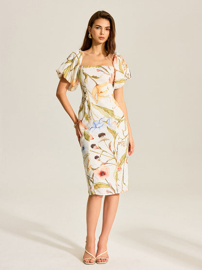 Çiçek Desenli Kabartmalı Kol Sırt Dekolteli Elbise