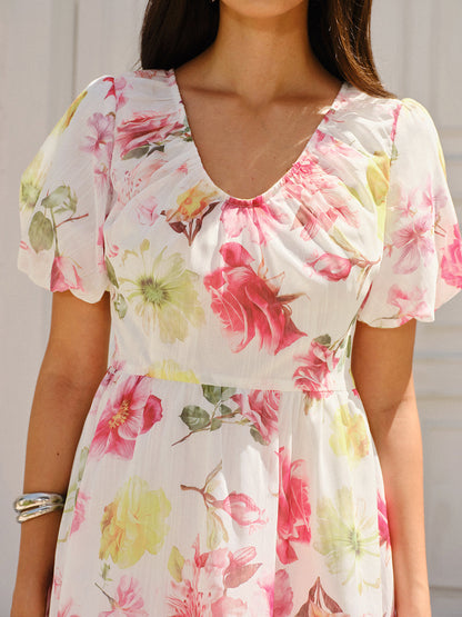 Çiçek Desenli Kabartmalı Kol Elbise