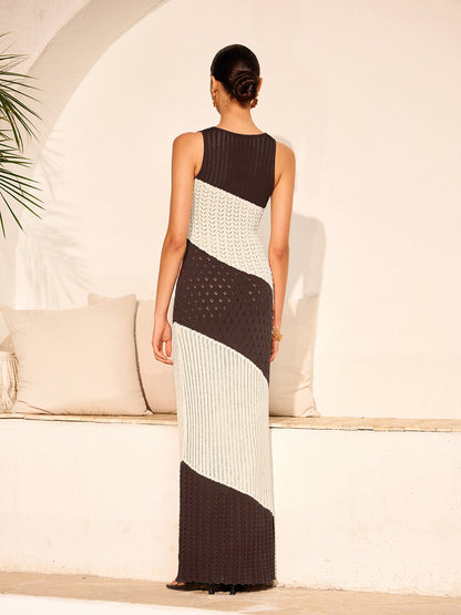 İki Renkli Örgü Ön Bağlamalı Triko Elbise