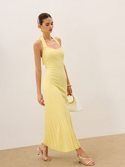 Boyundan Bağlamalı Ribanalı Triko Elbise