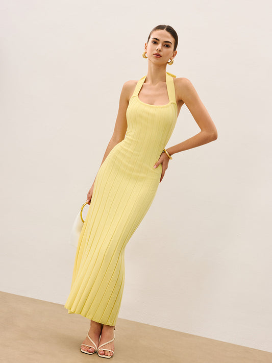 Boyundan Bağlamalı Ribanalı Triko Elbise