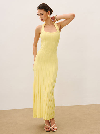 Boyundan Bağlamalı Ribanalı Triko Elbise